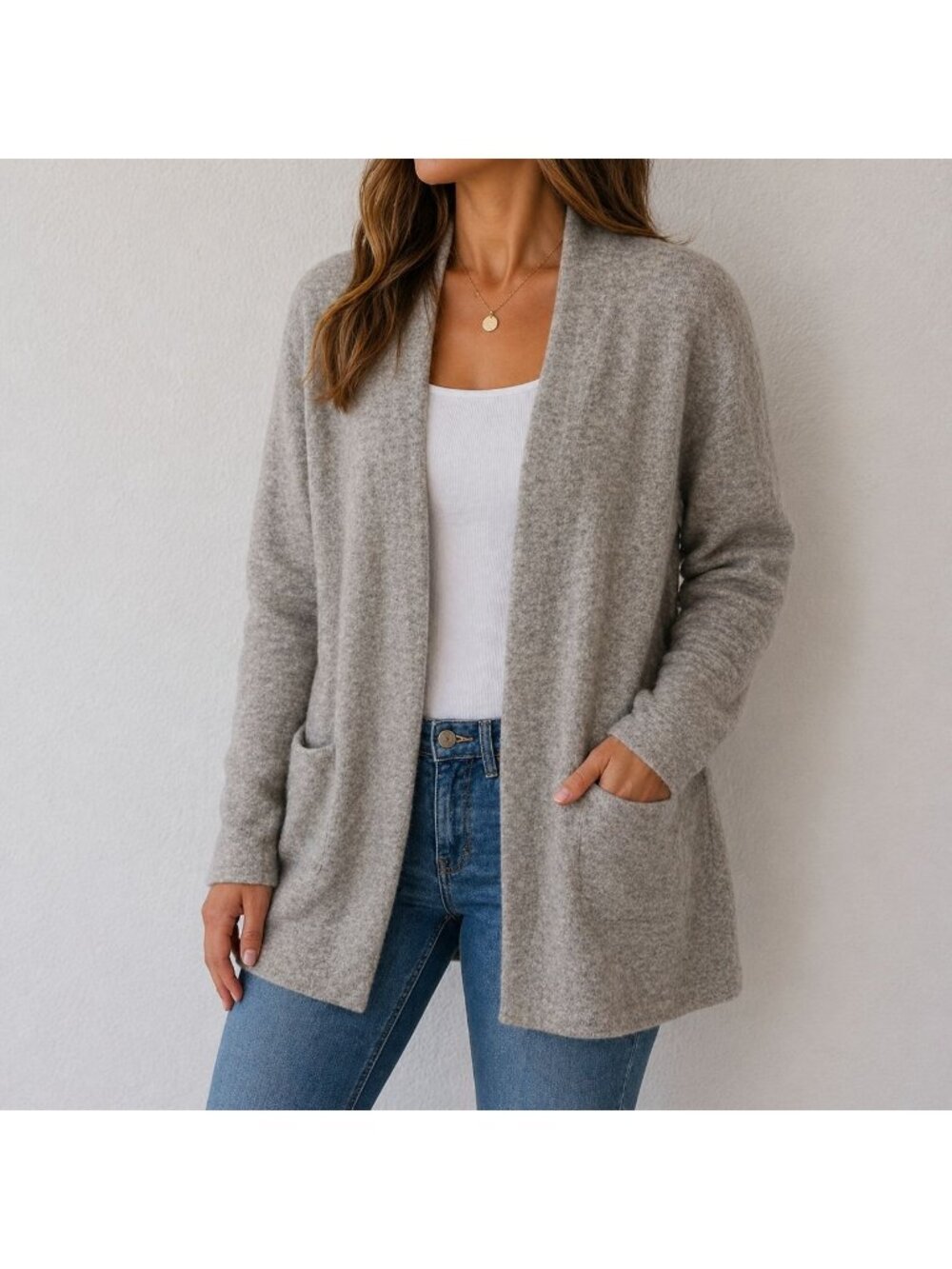 Jenni Kayne Cardigan Women Large Gray Oat Merino Wool Yak Open Front Casual Chic